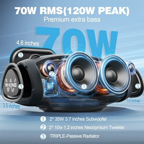 Bluetooth speaker with 70W RMS, 120W peak, premium extra bass, subwoofers, tweeters, and passive radiators.