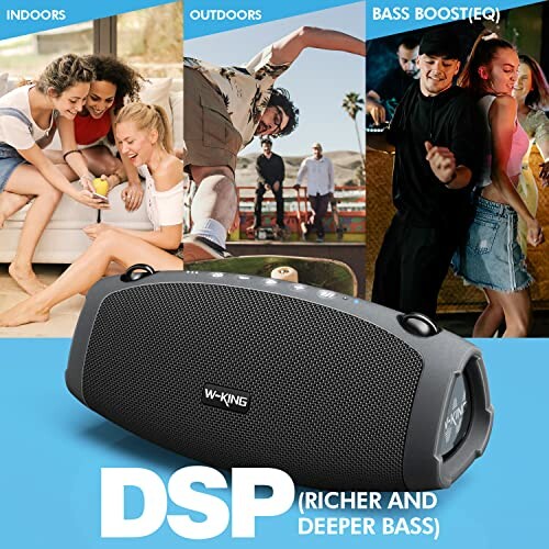 W-KING portable Bluetooth speaker with DSP for rich bass, shown in indoor and outdoor settings.