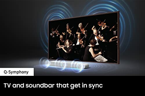 TV and soundbar with orchestra illustration, showcasing Q-Symphony feature.